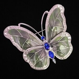 Napier Green Enamel Butterfly Brooch Silver Tone Blue Crystal Rhinestone Pin NIB